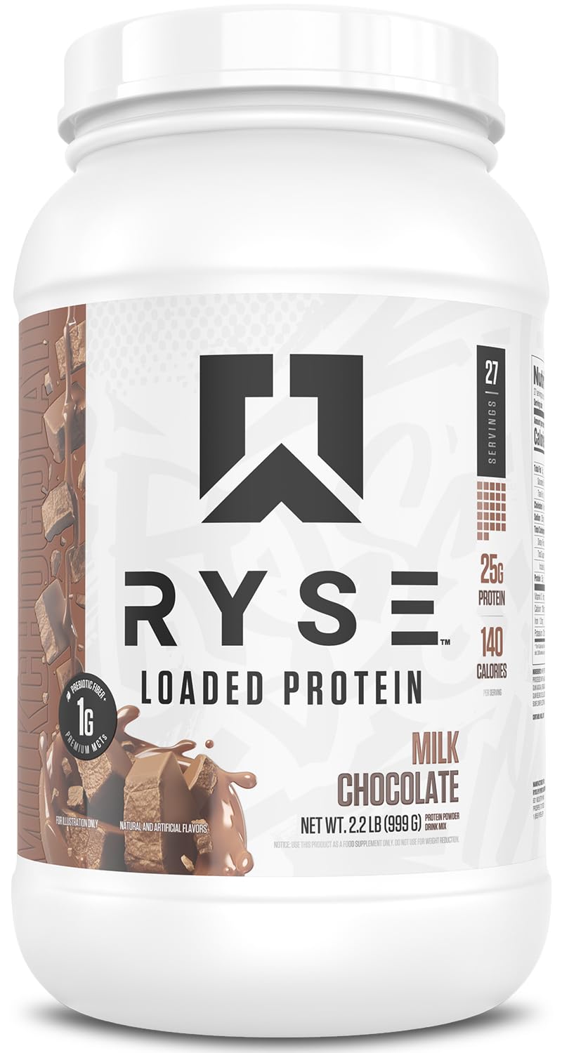 RYSE envase frontal Chocolate con Leche mostrando beneficios y porciones