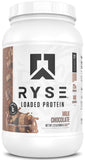 RYSE envase frontal Chocolate con Leche mostrando beneficios y porciones