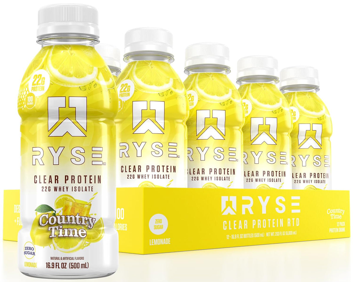 RYSE Up Supplements botella frontal Country Time Lemonade mostrando etiqueta y beneficio refrescante