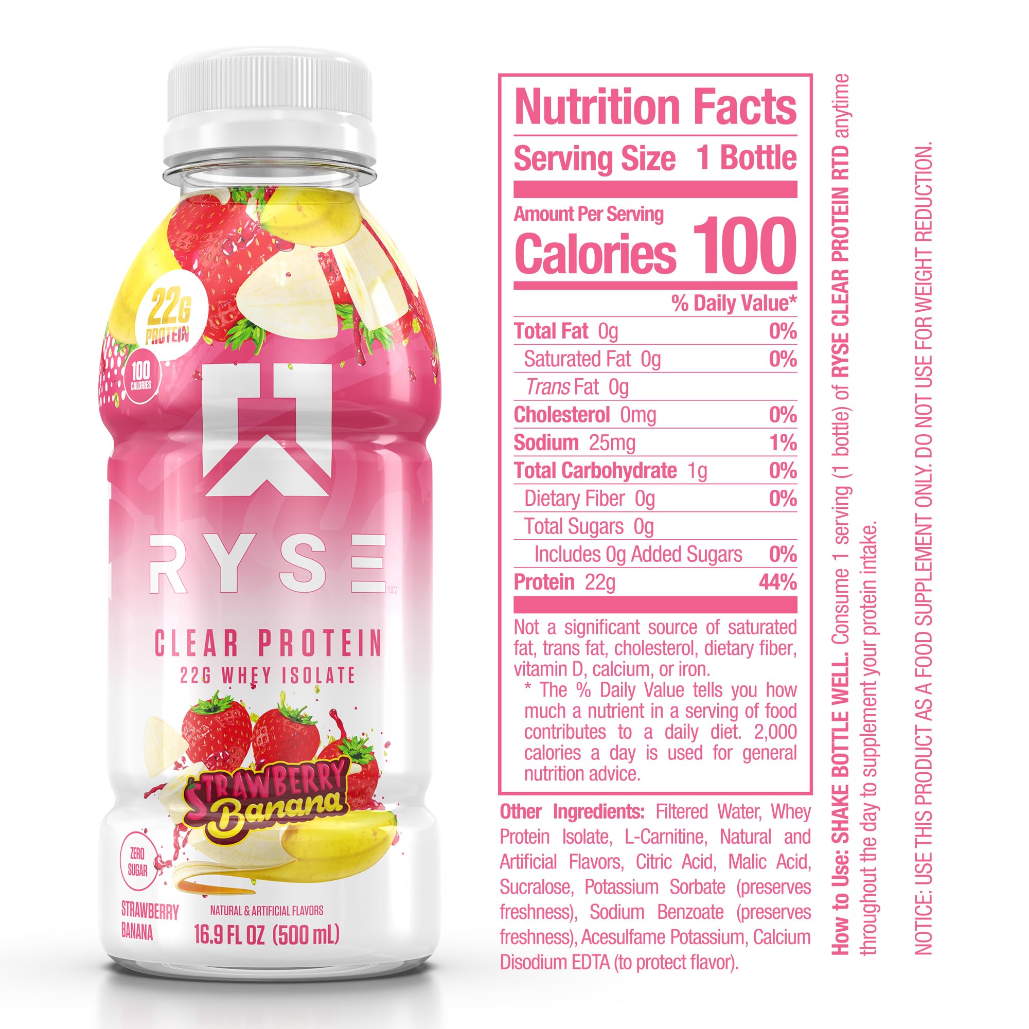 RYSE primer plano de etiqueta con información de 22g proteína y sin azúcar