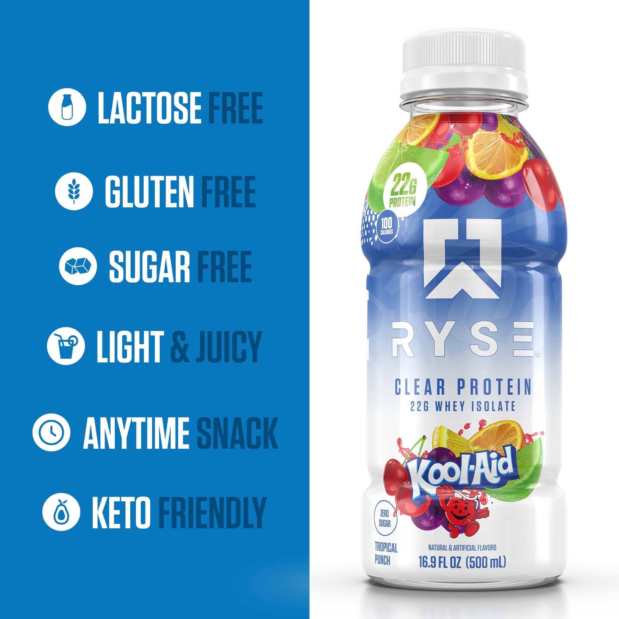 RYSE Etiqueta nutricional legible destacando 22g proteína y 100 calorías