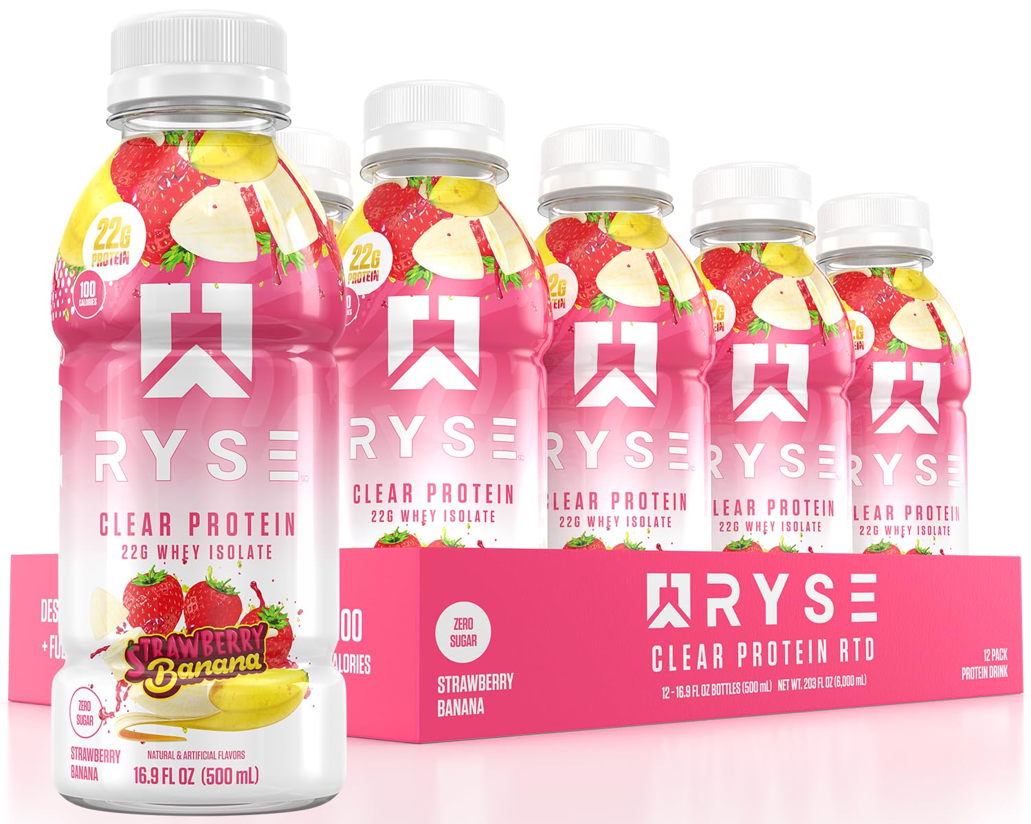 RYSE botella frontal Strawberry Banana mostrando etiqueta y beneficio práctico