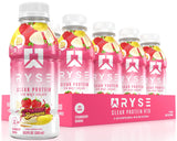 RYSE botella frontal Strawberry Banana mostrando etiqueta y beneficio práctico