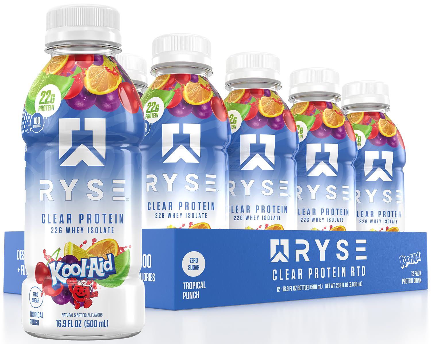RYSE Clear Protein vista frontal mostrando botella y etiqueta clara con beneficio refrescante