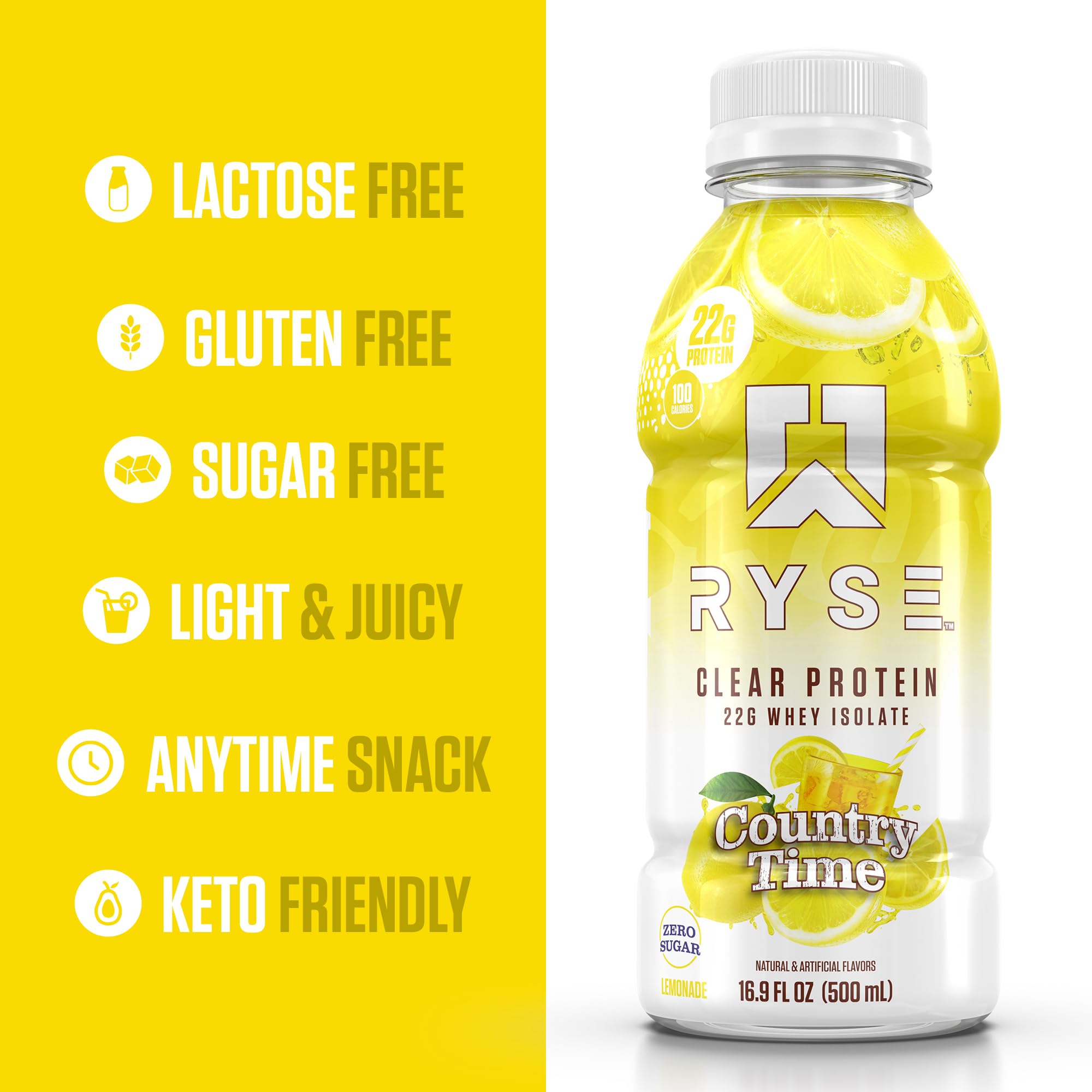 RYSE Up Supplements etiqueta nutricional en primer plano que muestra 22 g proteína y 100 kcal