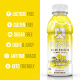 RYSE Up Supplements etiqueta nutricional en primer plano que muestra 22 g proteína y 100 kcal