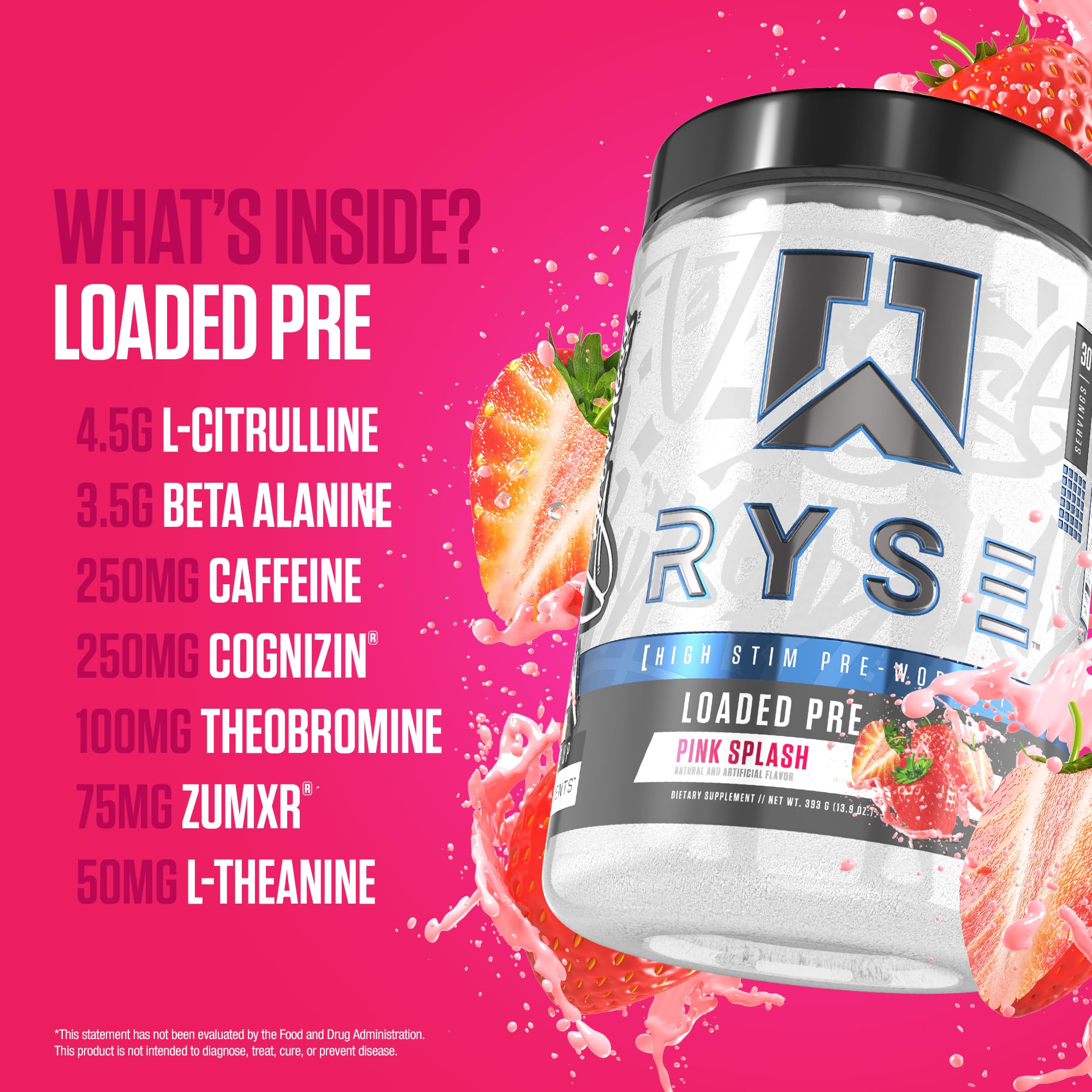 Ryse Up Supplements envase junto a una mano para comparar tamaño y porciones