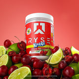 RYSE Up Supplements comparación de tamaño del bote que muestra 30 servicios y escala real