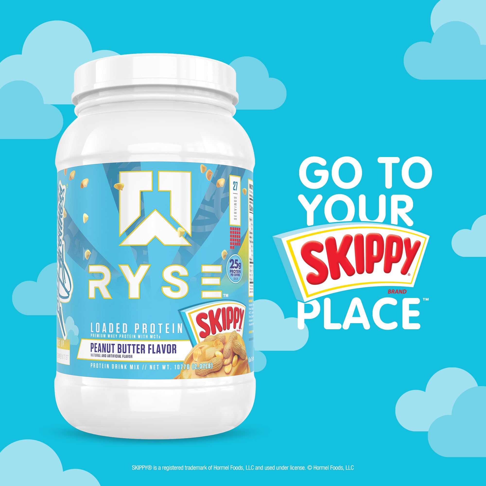 RYSE Up Supplements tamaño del envase mostrado en manos para referencia de porciones