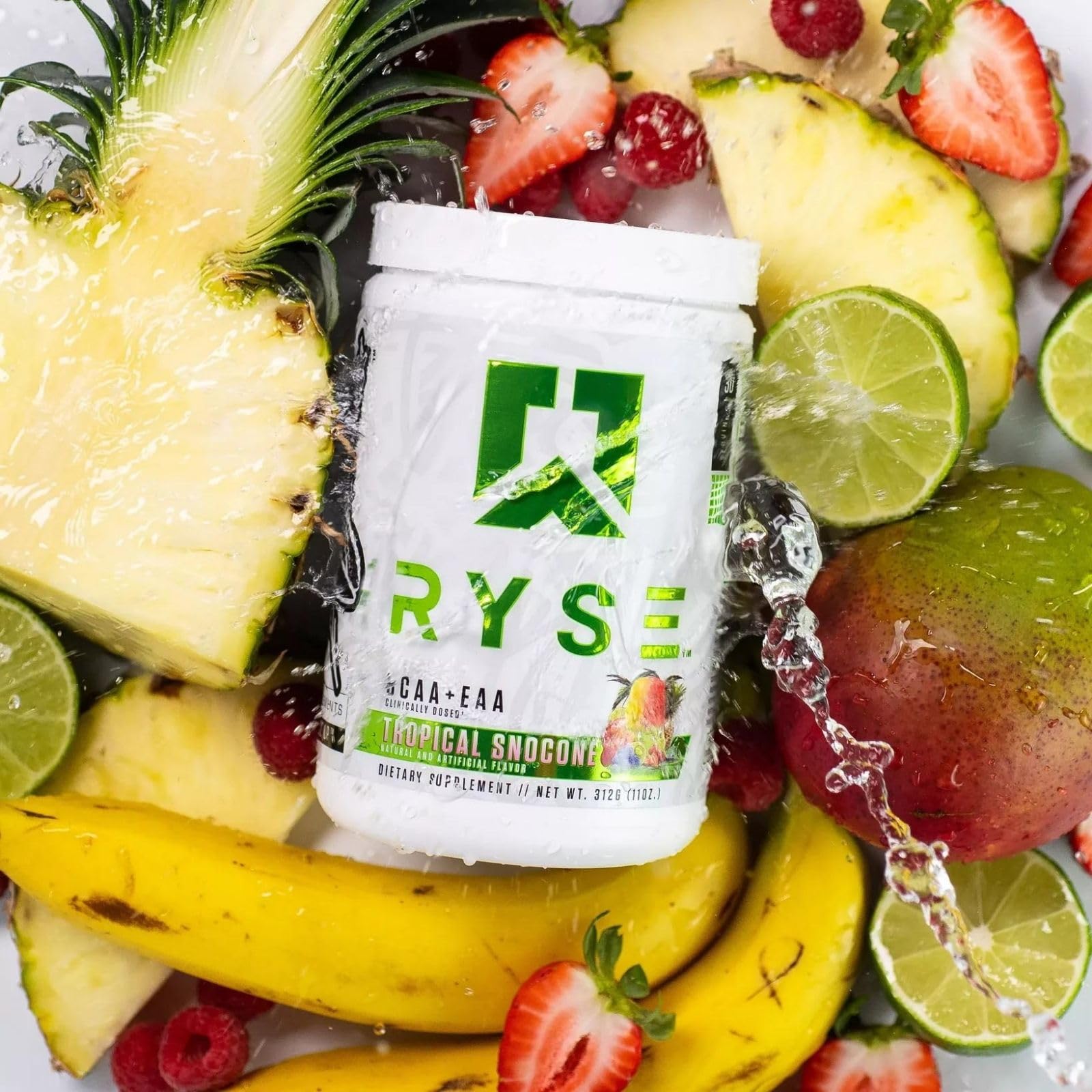 RYSE Up Supplements bote junto a cucharita para comparar tamaño de servicio