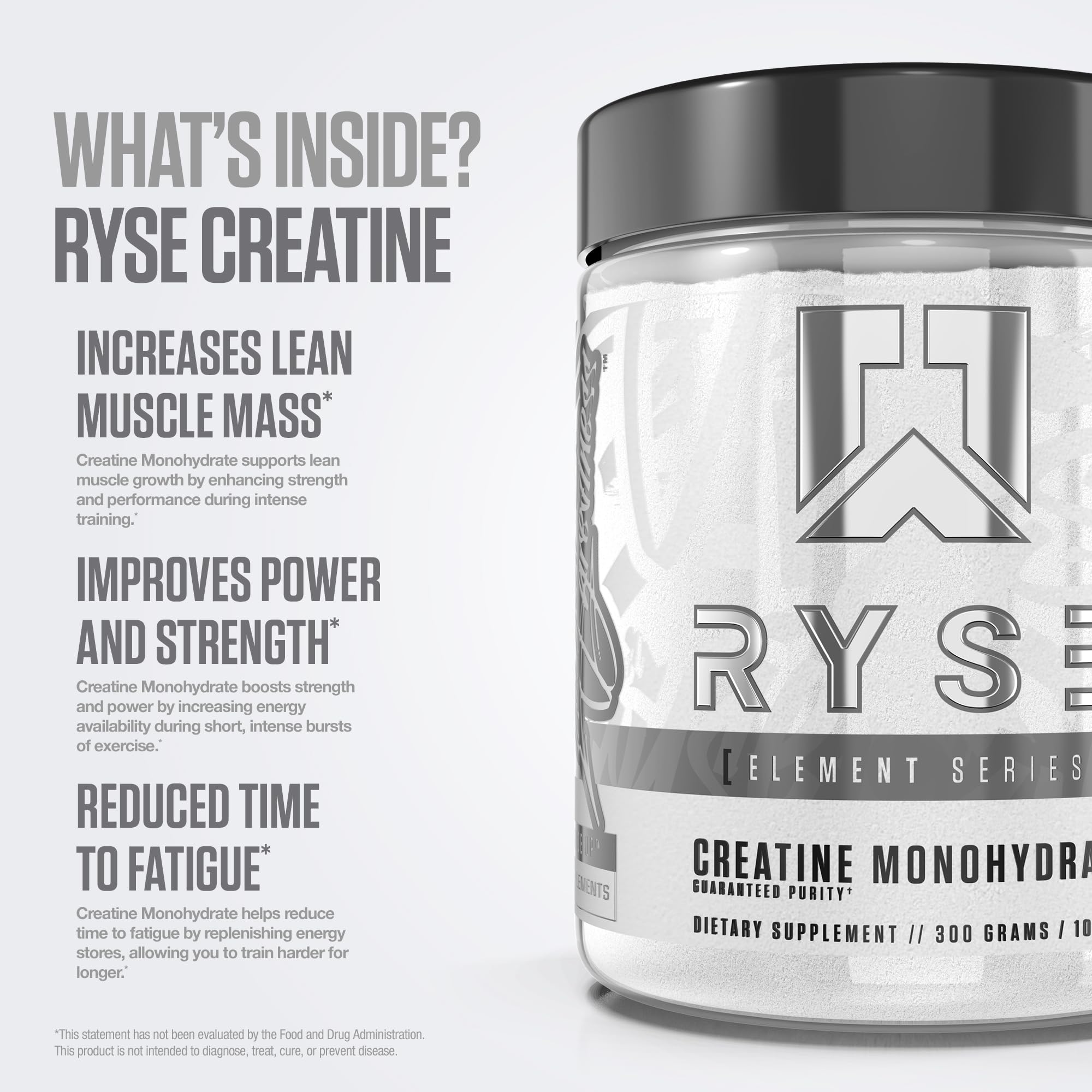 RYSE Up Supplements junto a una mano, muestra tamaño y porción