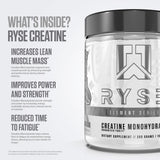 RYSE Up Supplements junto a una mano, muestra tamaño y porción