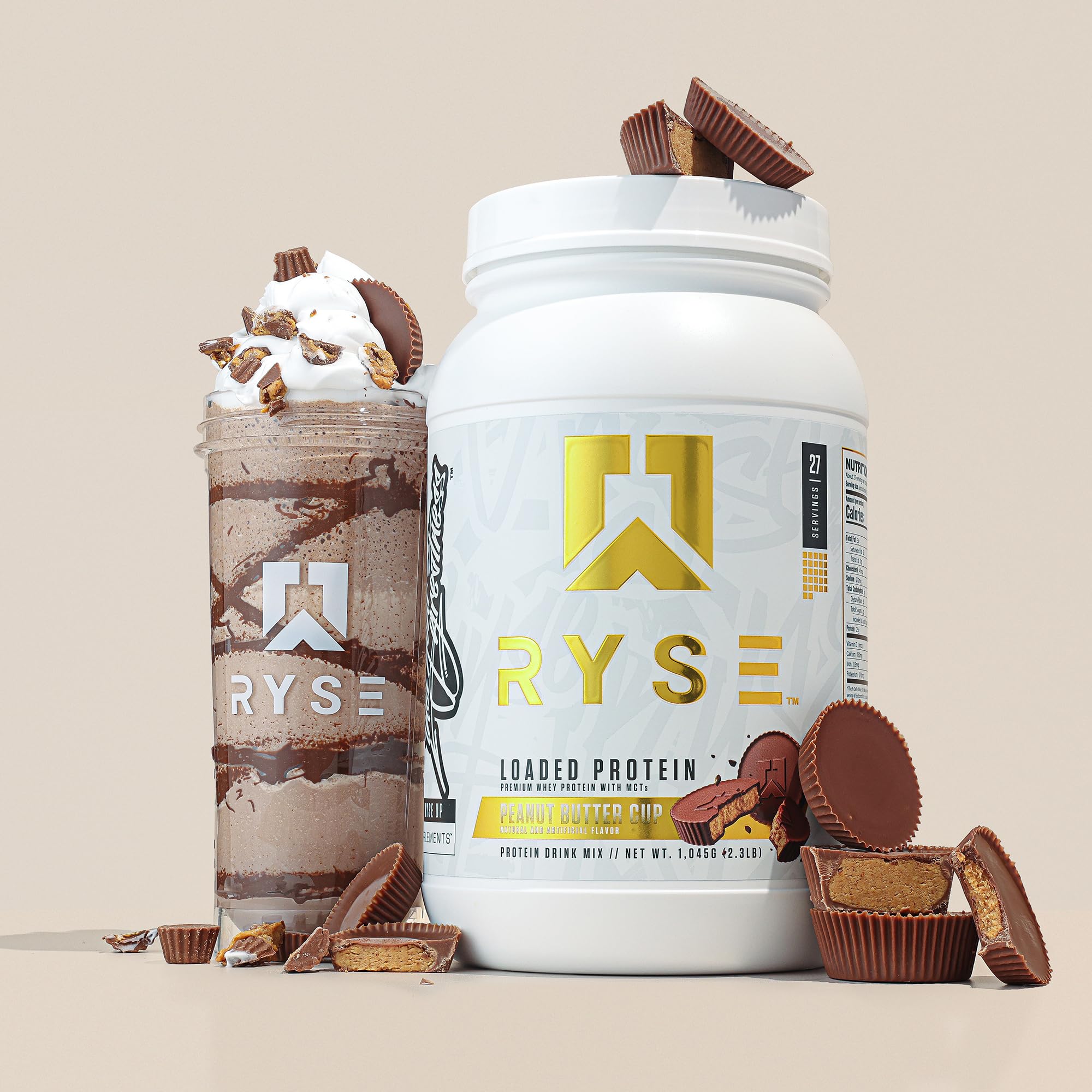 RYSE Up Supplements etiqueta con ingredientes, información de proteína y prebióticos
