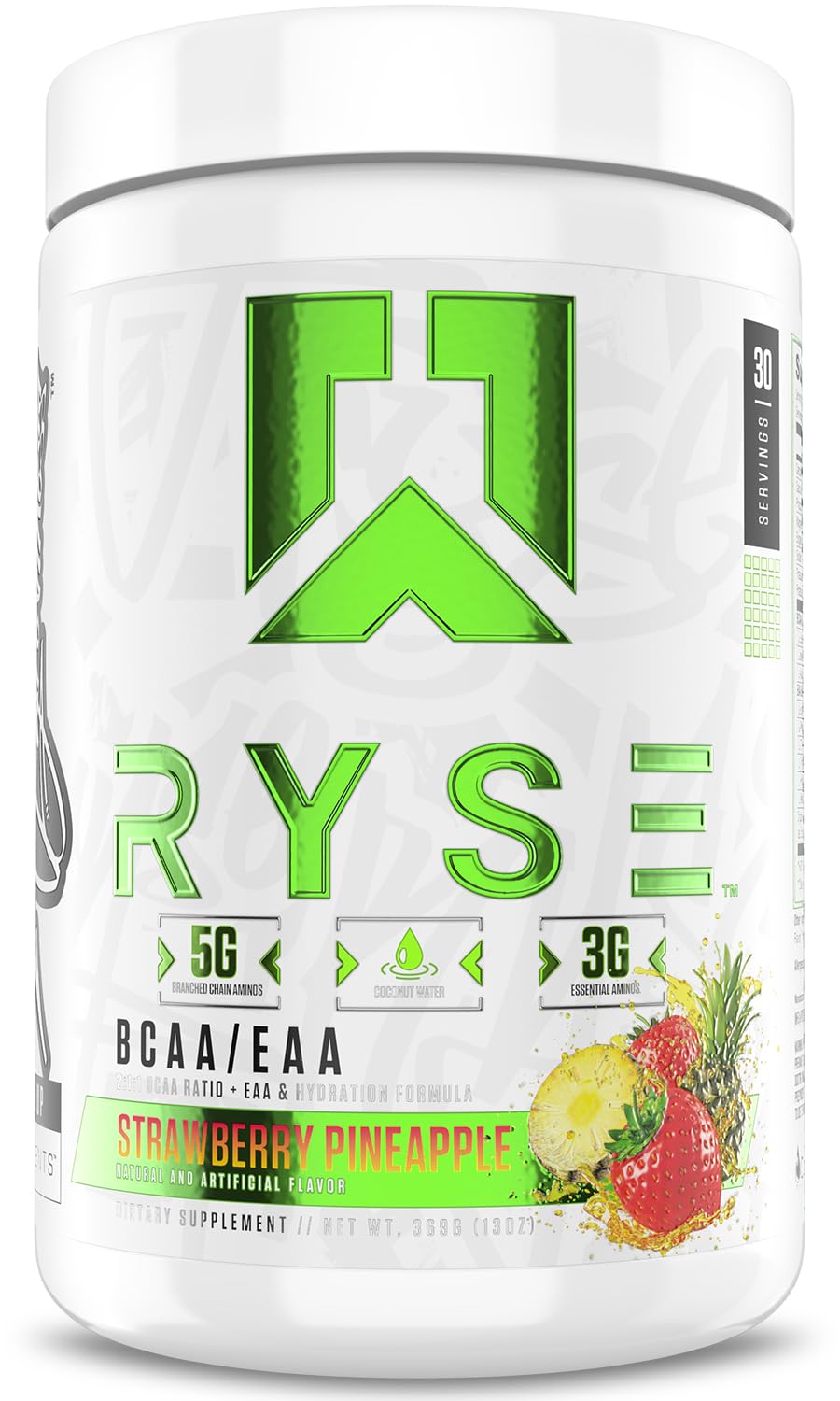 RYSE envase frontal fresa piña mostrando información clave y beneficio recuperación