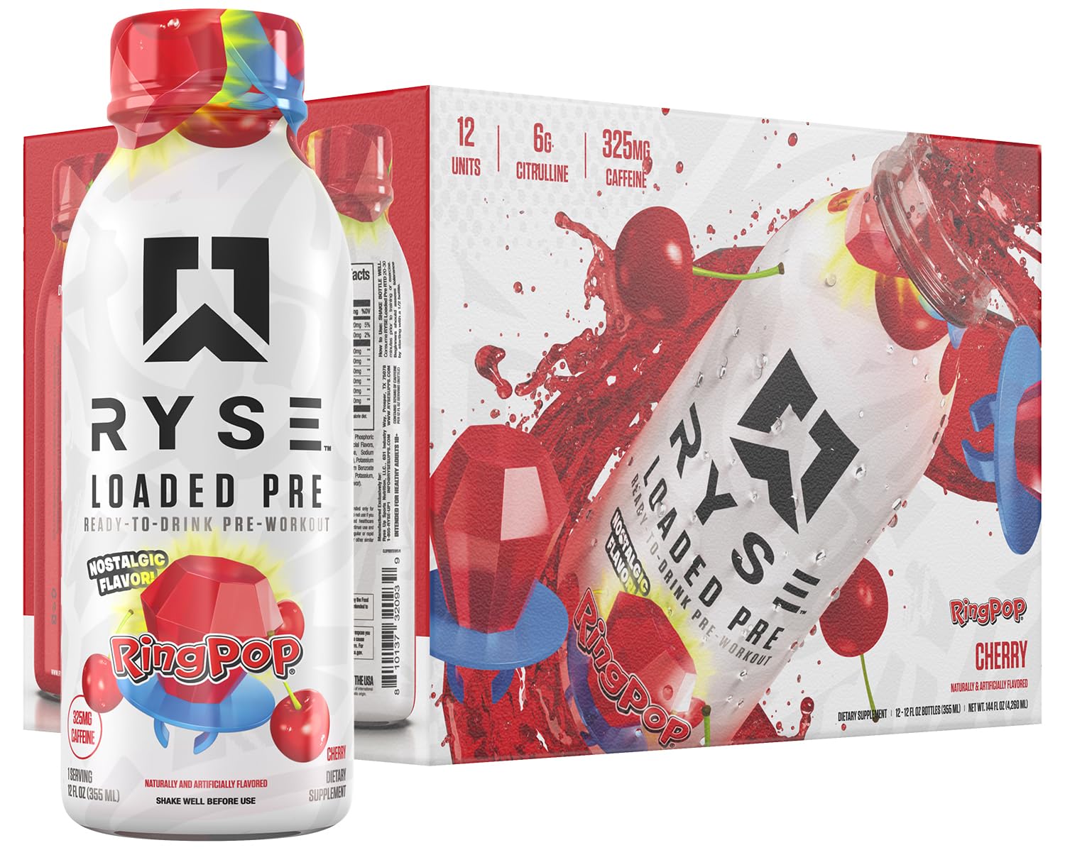 RYSE botella frontal Ring Pop Cherry muestra diseño y beneficio conveniencia