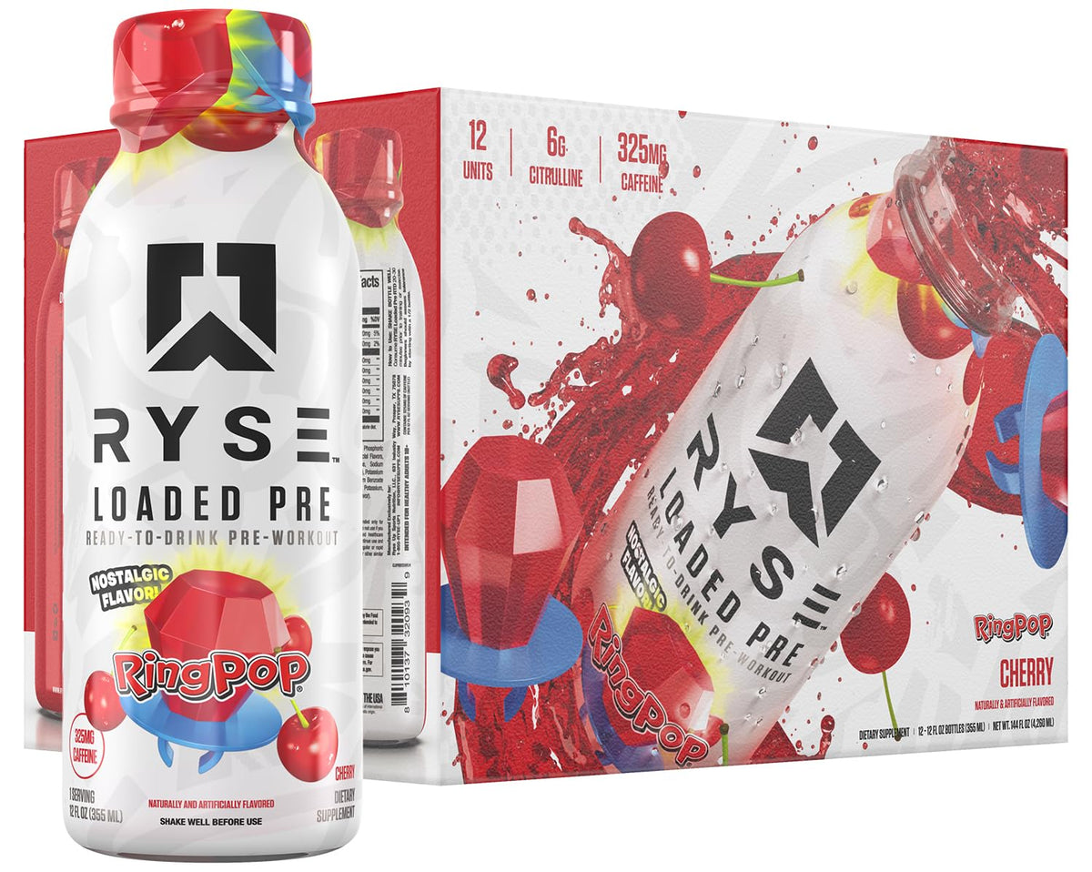 RYSE botella frontal Ring Pop Cherry muestra diseño y beneficio conveniencia