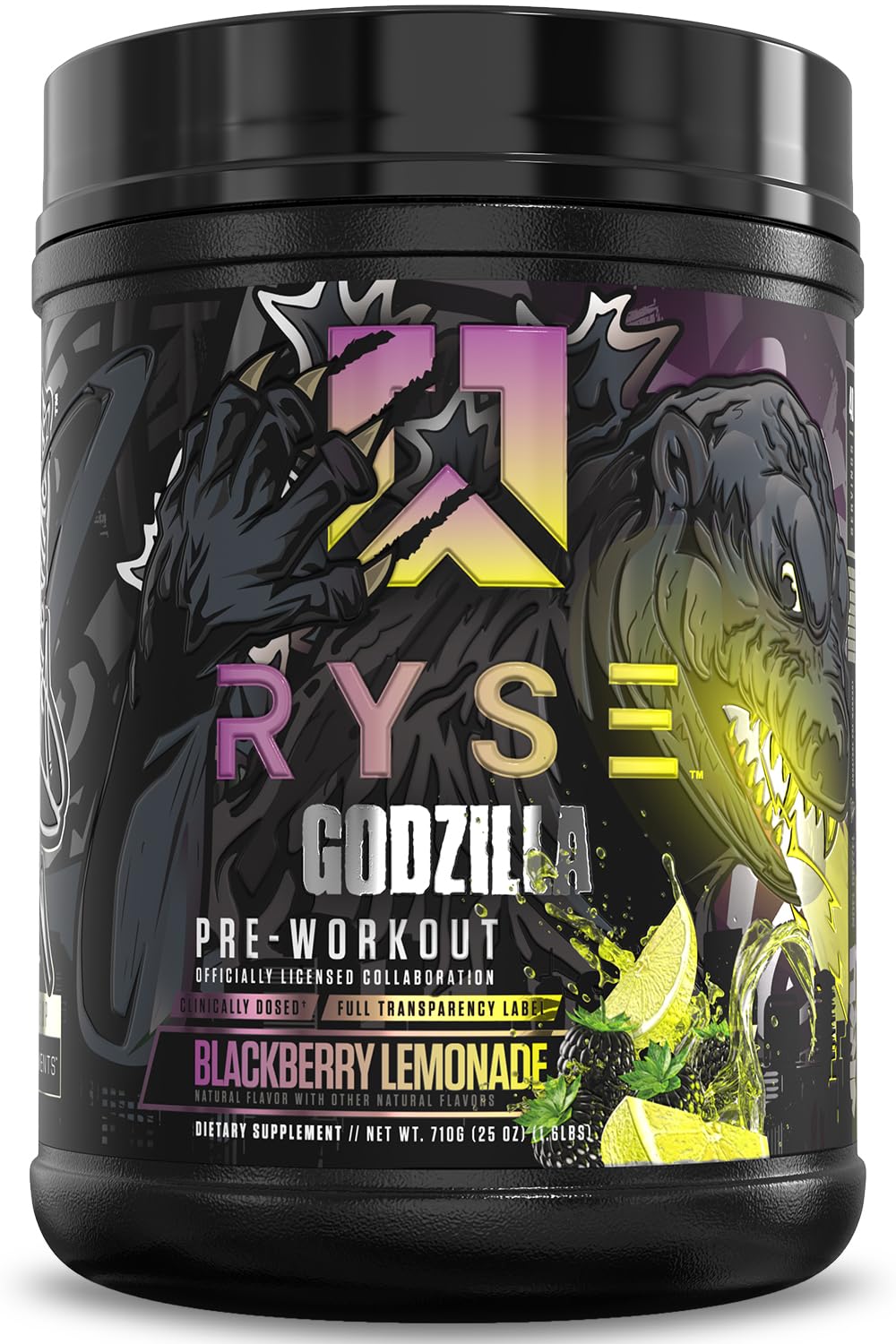 RYSE Up Supplements envase frontal mostrando diseño y sabor BlackBerry Lemonade