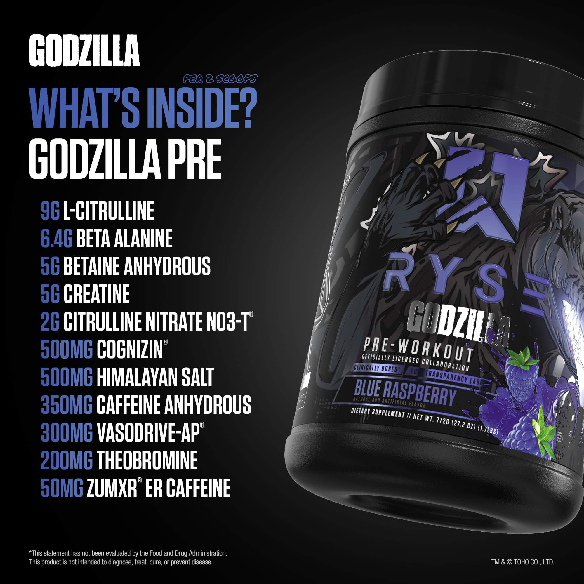 Etiqueta de RYSE Godzilla X con lista de ingredientes visible