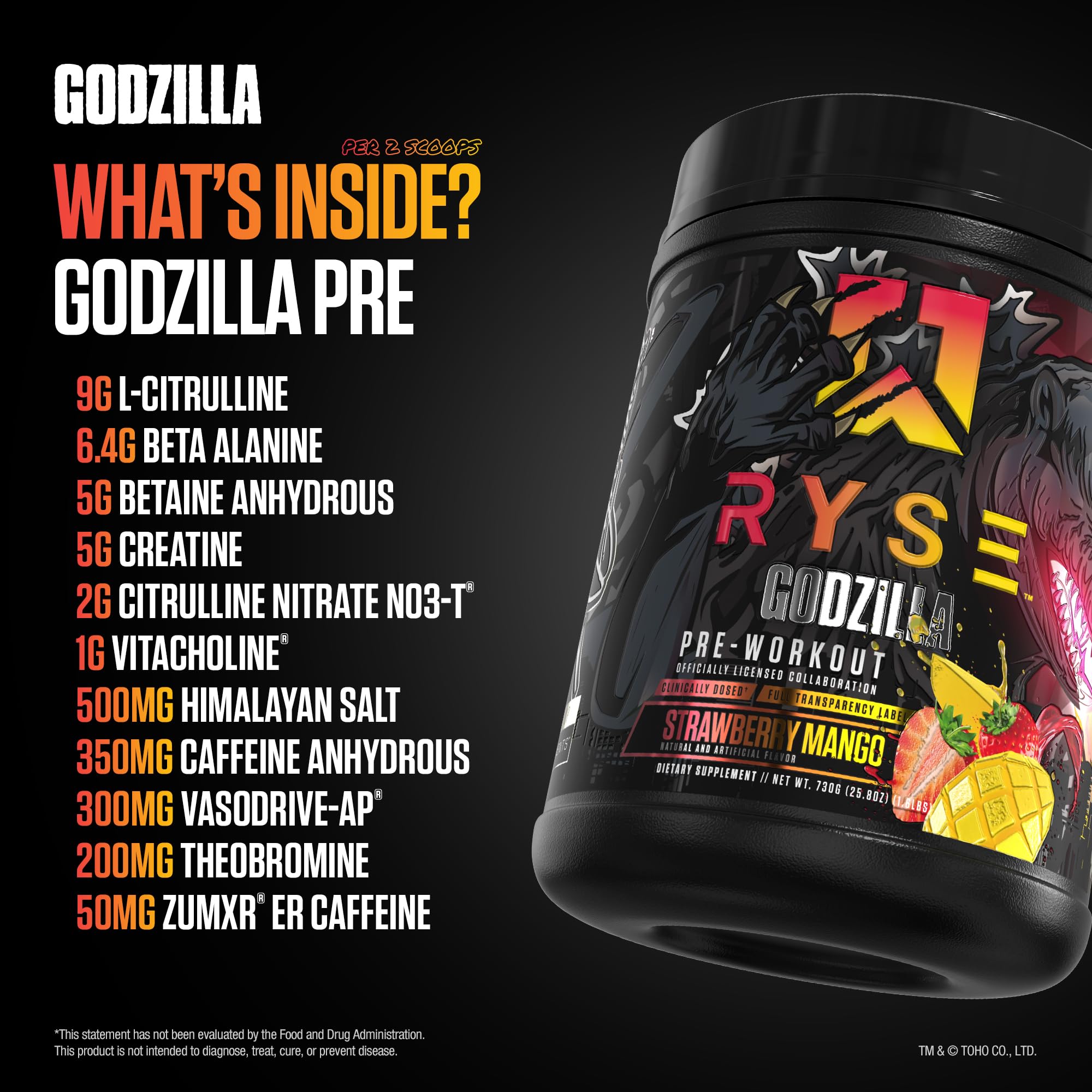 Etiqueta de RYSE Godzilla listando ingredientes clave para bombas y enfoque