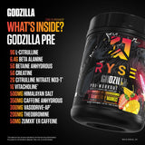 Etiqueta de RYSE Godzilla listando ingredientes clave para bombas y enfoque