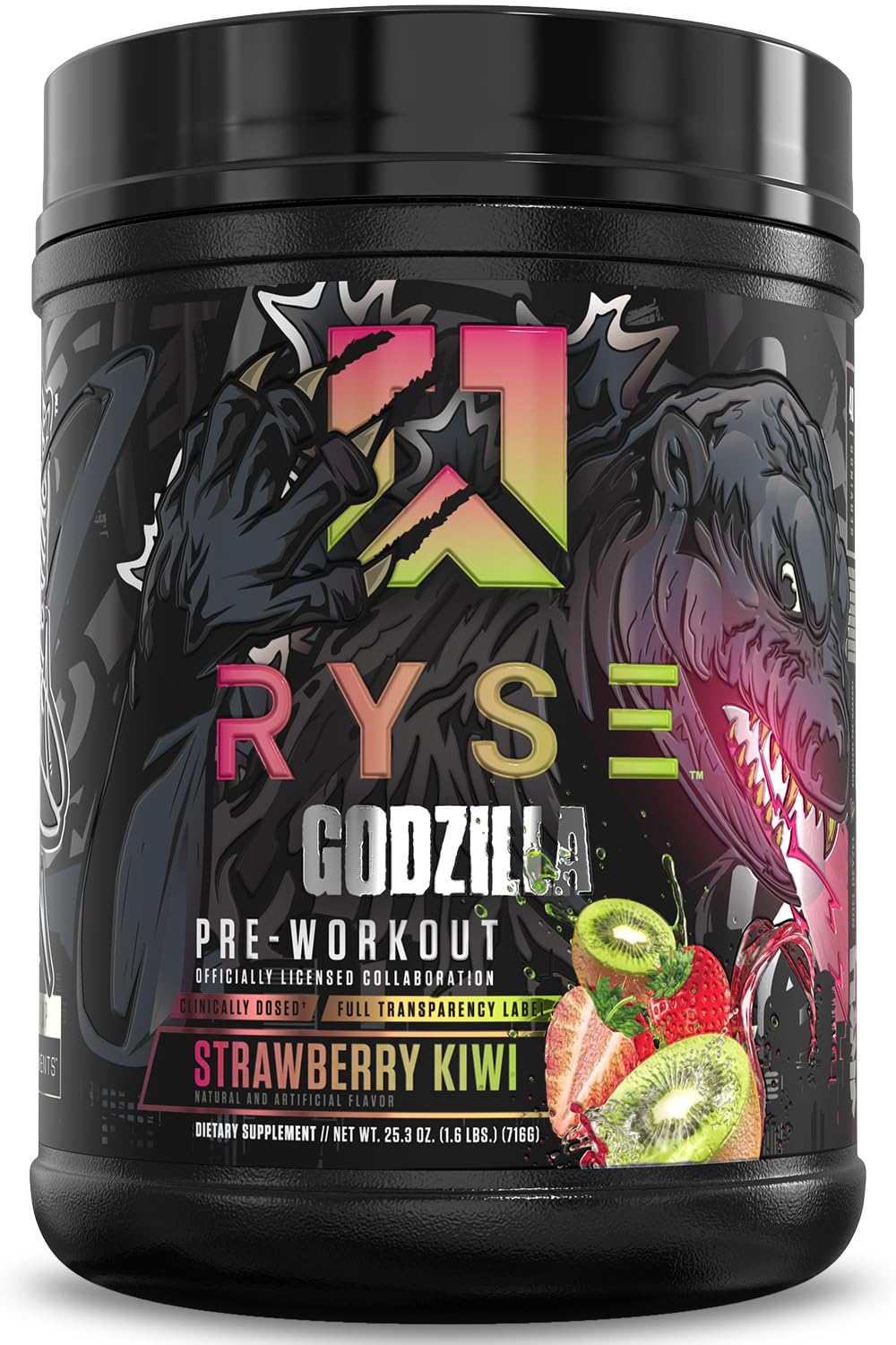 RYSE Godzilla frente del empaque mostrando sabor fresa kiwi y beneficio energía intensa