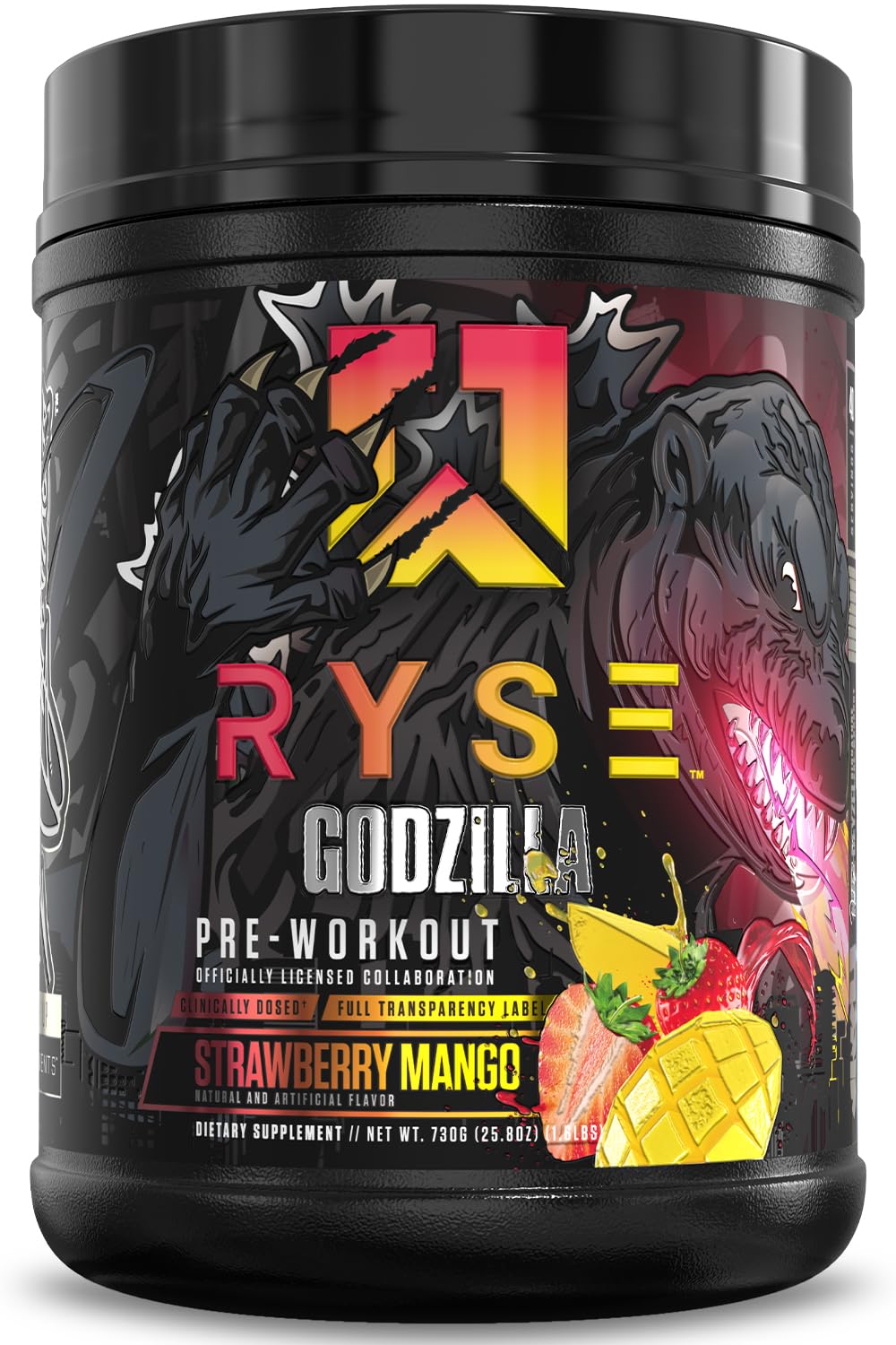 RYSE envase frontal del Godzilla mostrando diseño y fuerza del pre-entreno