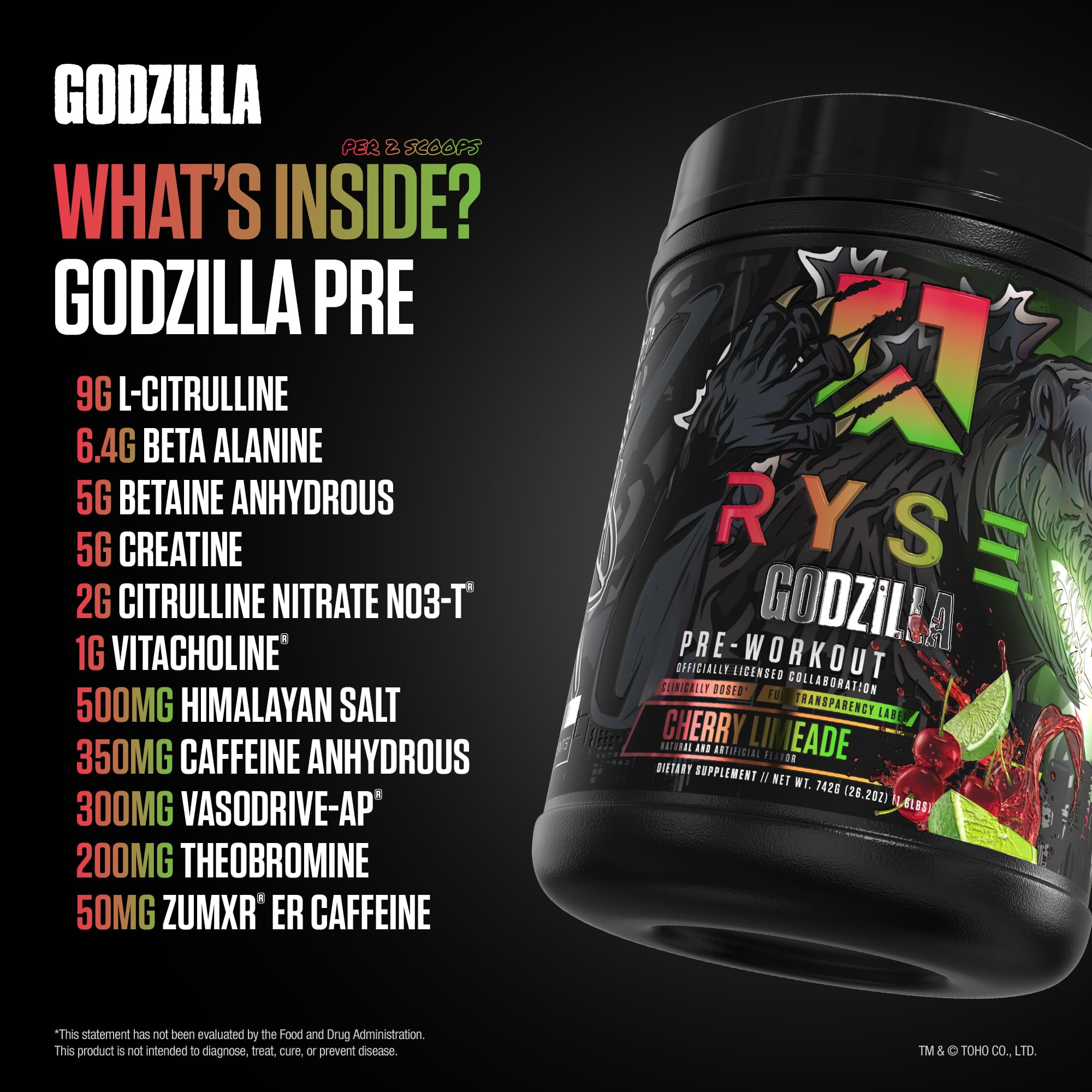 RYSE Godzilla etiqueta de ingredientes destacando compuestos clave