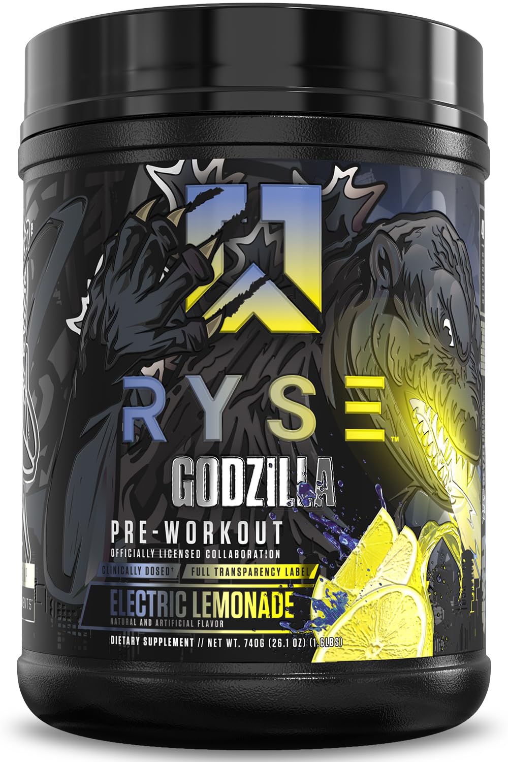RYSE Godzilla X empaque frontal mostrando sabor electric lemonade y beneficios