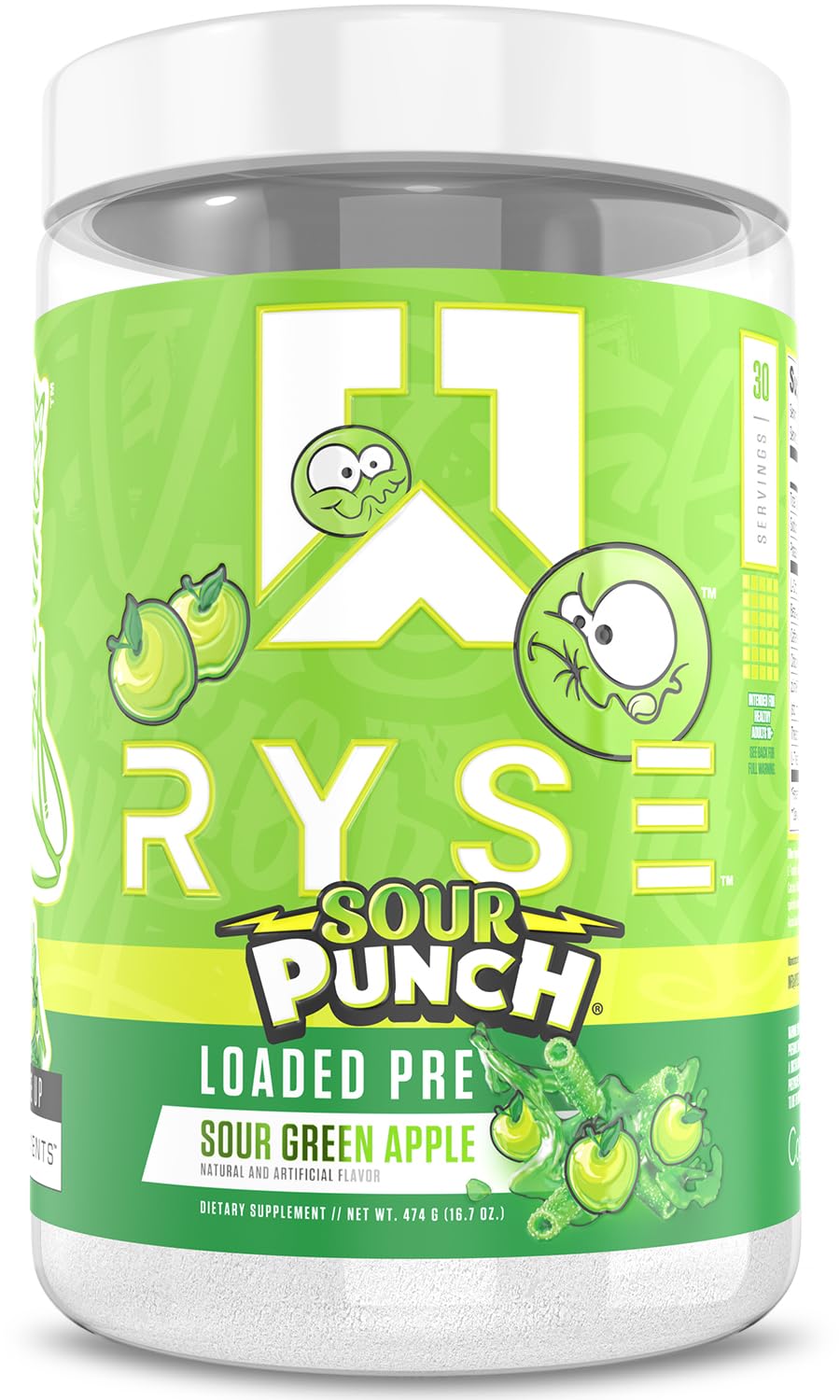 RYSE Up Supplements frasco frontal mostrando la marca y beneficio de energía