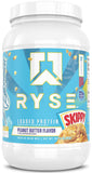 RYSE Up Supplements frente del bote Skippy Peanut Butter con aspecto profesional y confianza