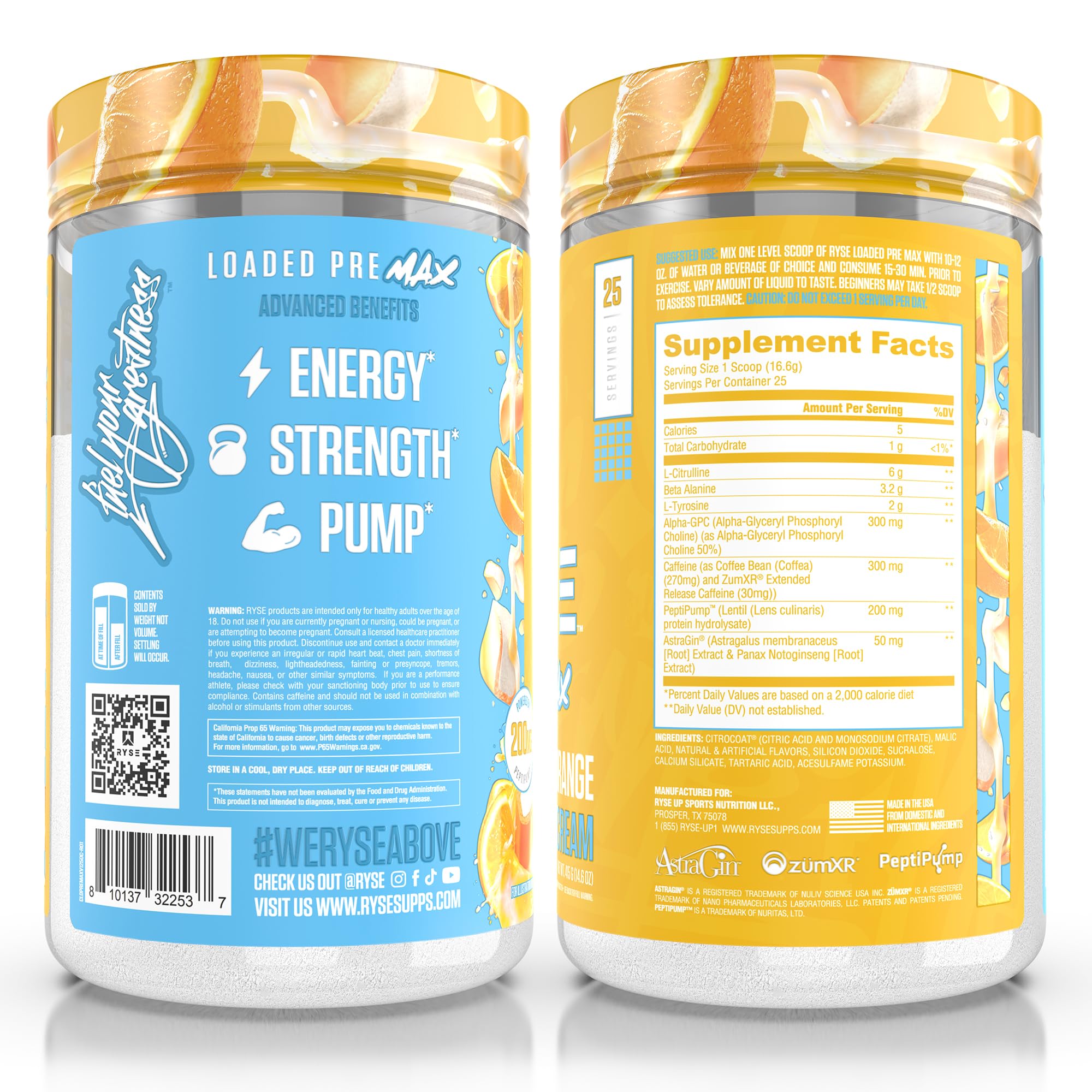 RYSE Up Supplements bote junto a pesas en gimnasio transmitiendo rendimiento mejorado