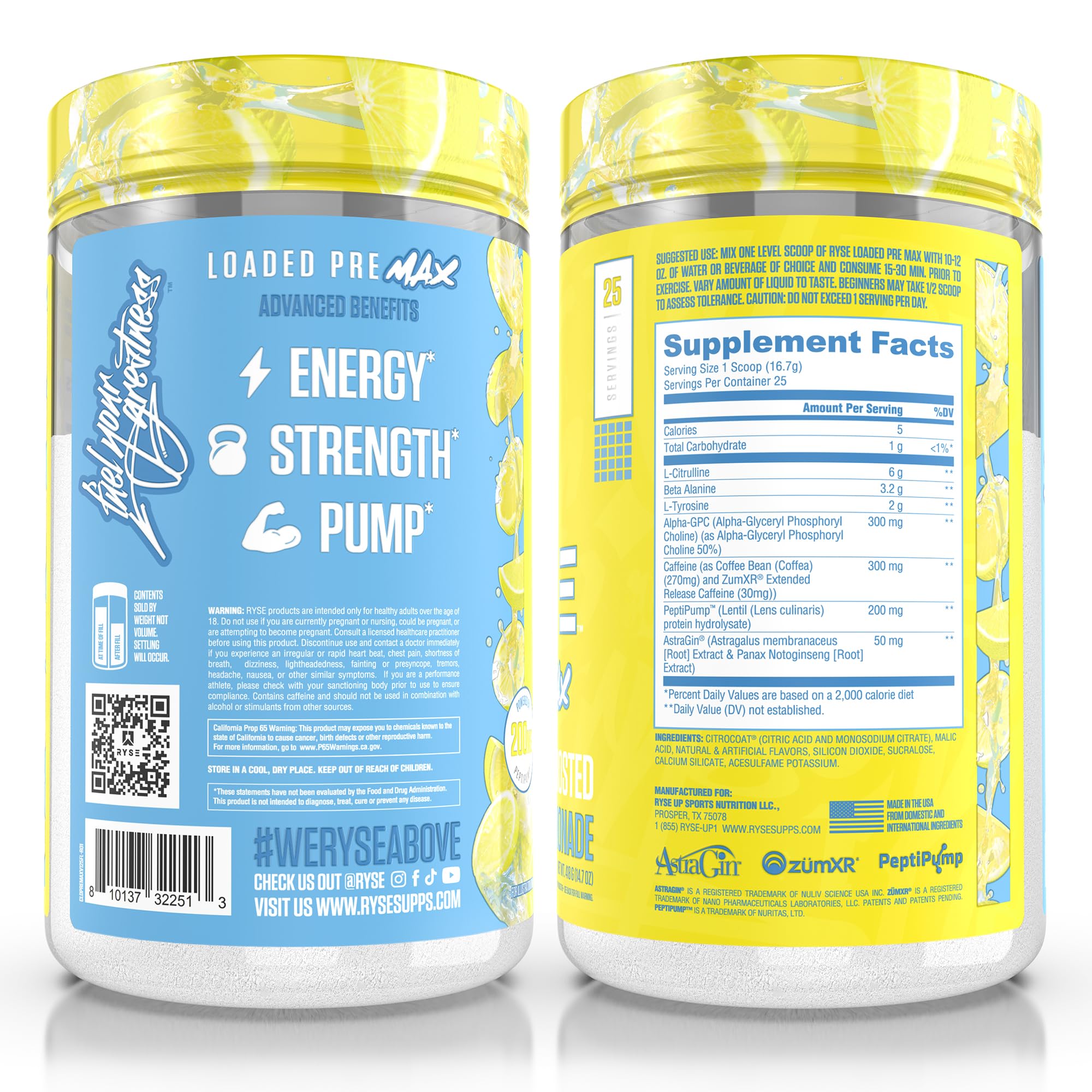 RYSE Up Supplements etiqueta con lista de ingredientes y beneficios visibles