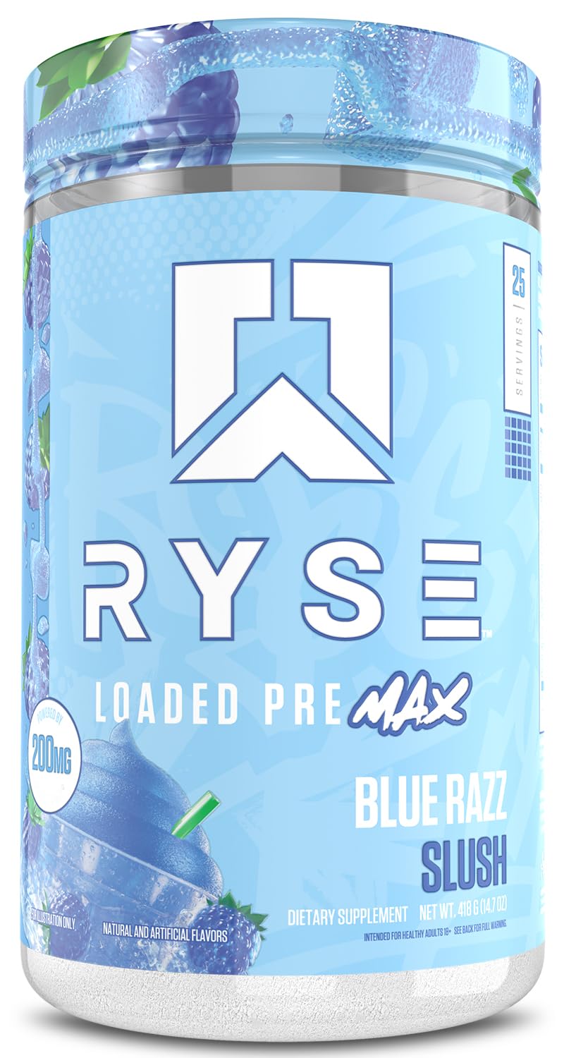 RYSE Up Supplements bote frontal de Loaded Pre Max mostrando diseño y sabor