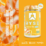 RYSE Up Supplements vaso preparado con bebida pre entreno mostrando energía sostenida