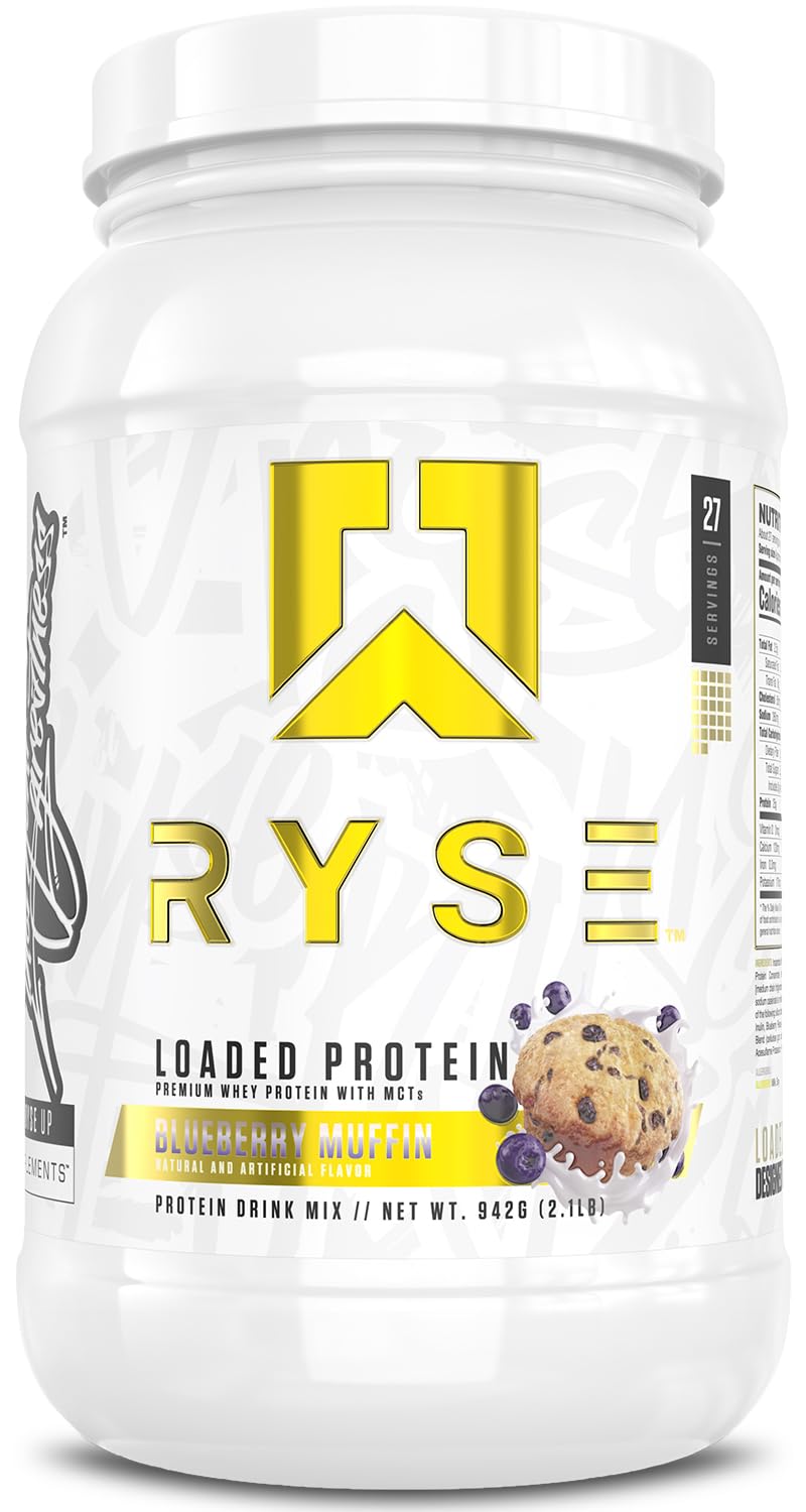 RYSE Up Supplements bote frontal Blueberry Muffin con etiqueta clara y beneficios