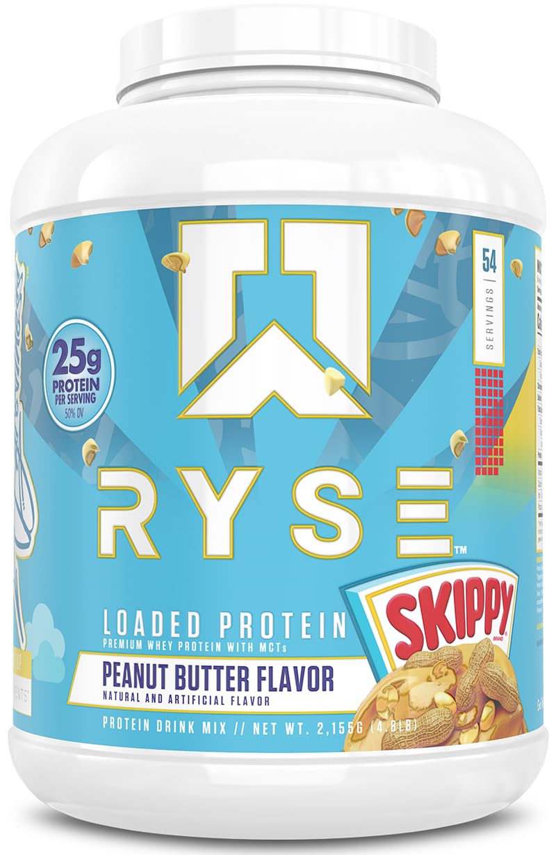 RYSE Up Supplements envase frontal Skippy con diseño y beneficios claros