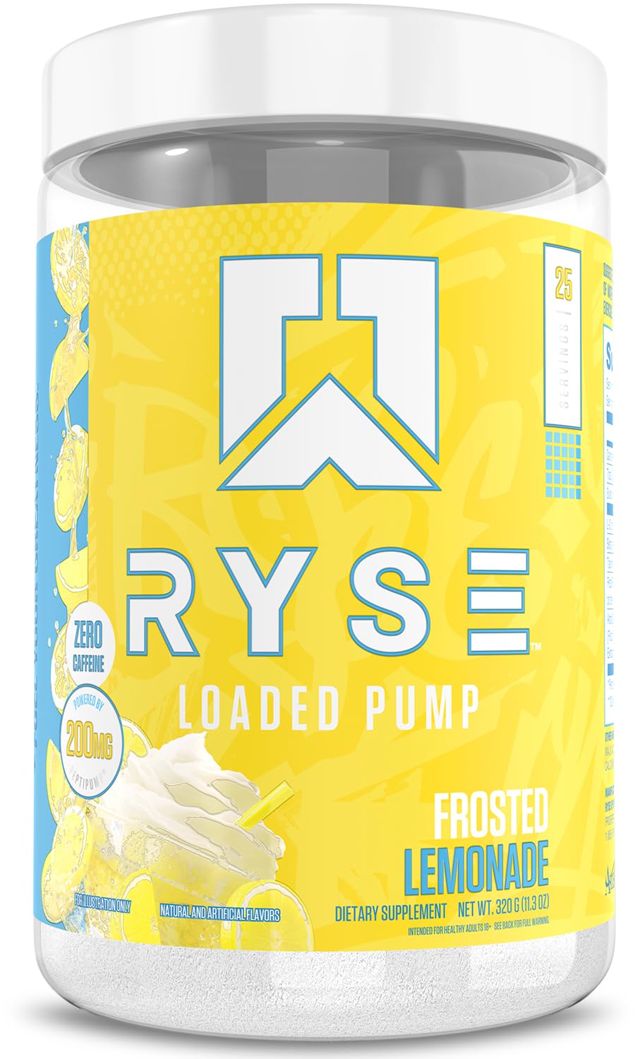 RYSE Up Supplements envase frontal que muestra la etiqueta y beneficio de bombeo
