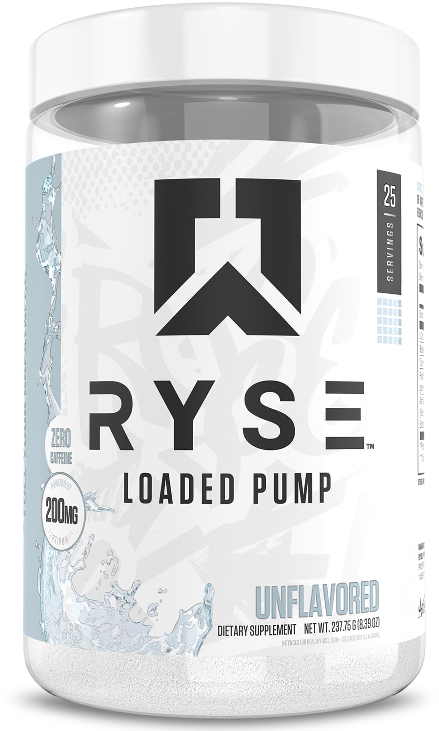 RYSE Up Supplements envase frontal mostrando diseño y 25 servicios