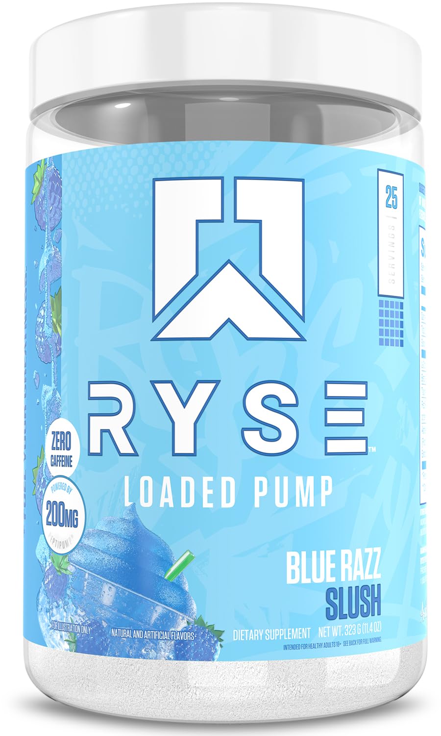 RYSE Up Supplements envase frontal mostrando sabor Blue Razz y beneficios