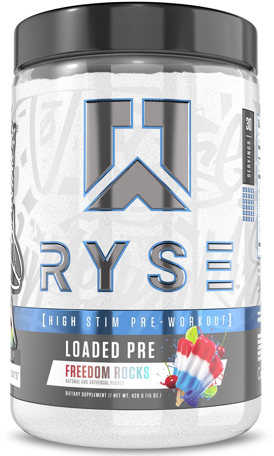 RYSE Up Supplements frente del envase Freedom Rocks mostrando diseño y beneficio energético