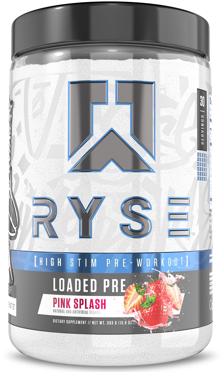 Ryse Up Supplements envase frontal Pink Splash mostrando porciones y marca