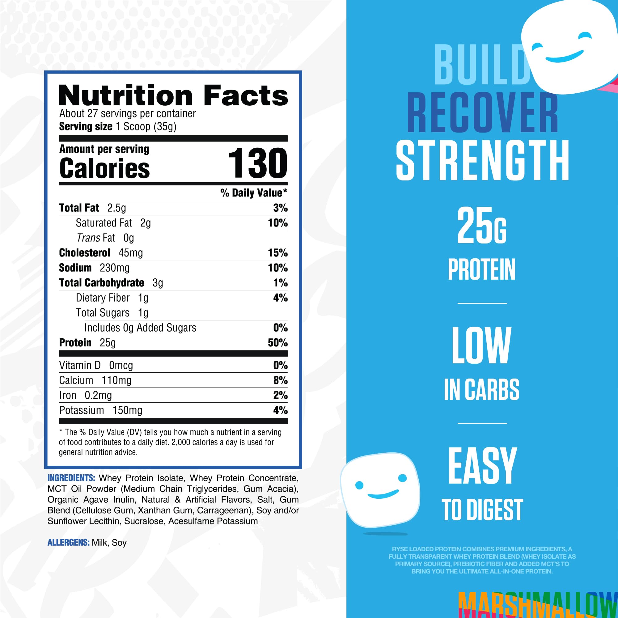 RYSE Up Supplements polvo textura de cerca con aspecto cremoso para mezclas suaves y sin grumos