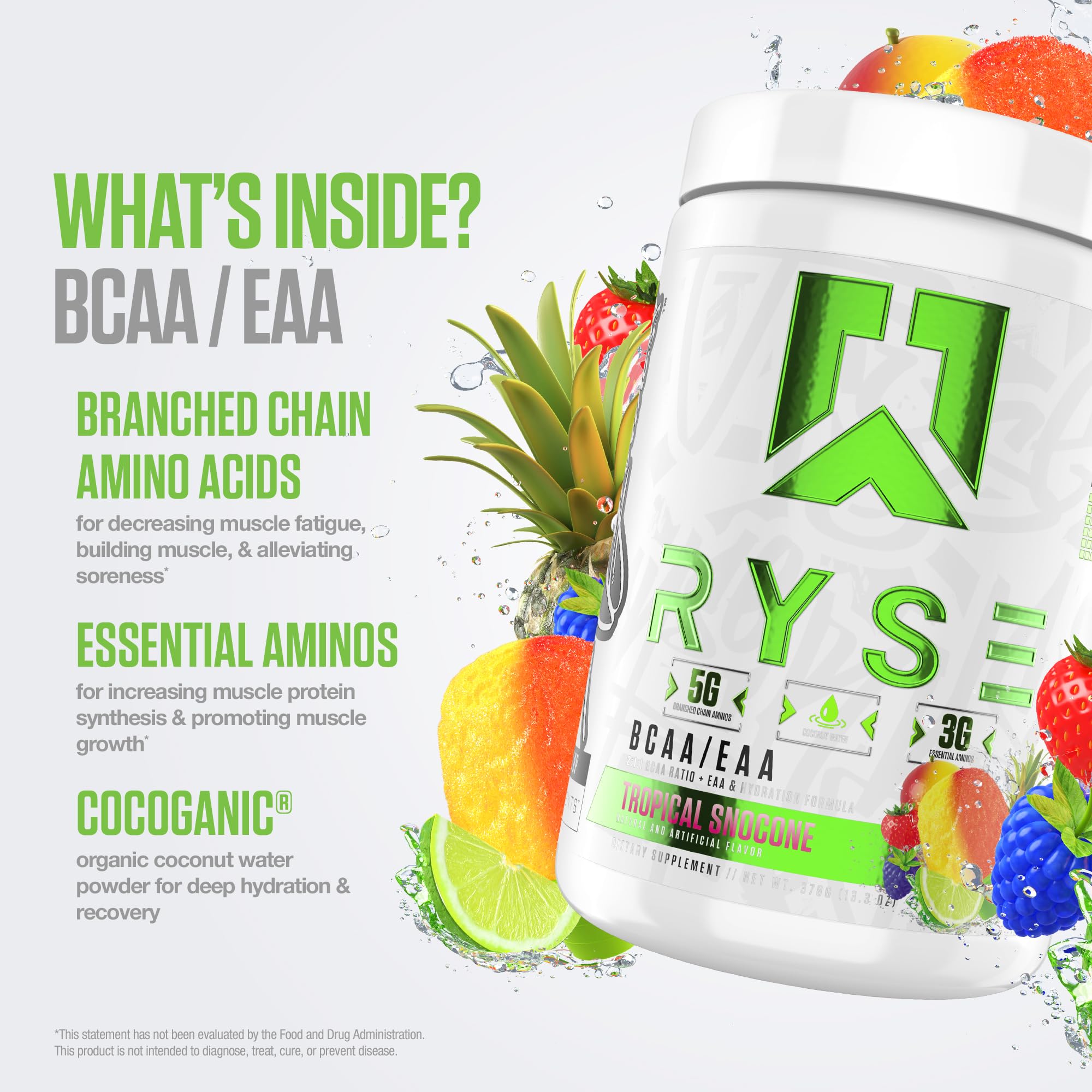 RYSE Up Supplements bebida tropical en vaso con hielo para hidratación