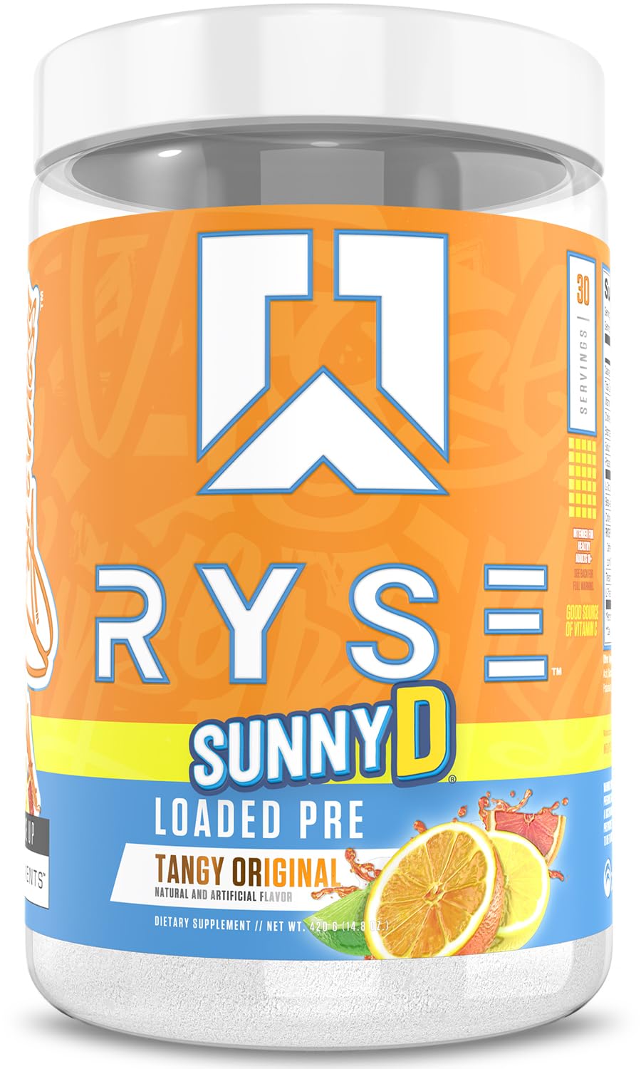 RYSE Up Supplements frasco frontal mostrando el diseño y sabor SunnyD Tangy