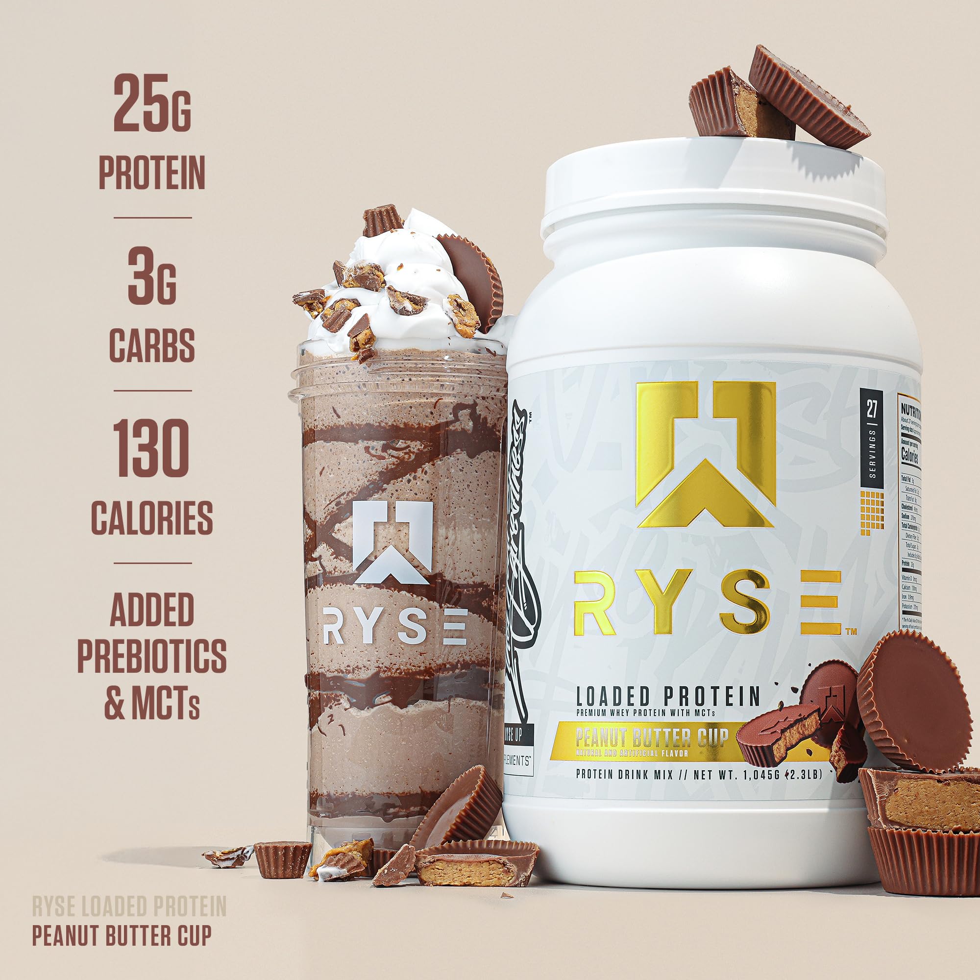 RYSE Up Supplements envase al lado de una pesa para referencia de tamaño