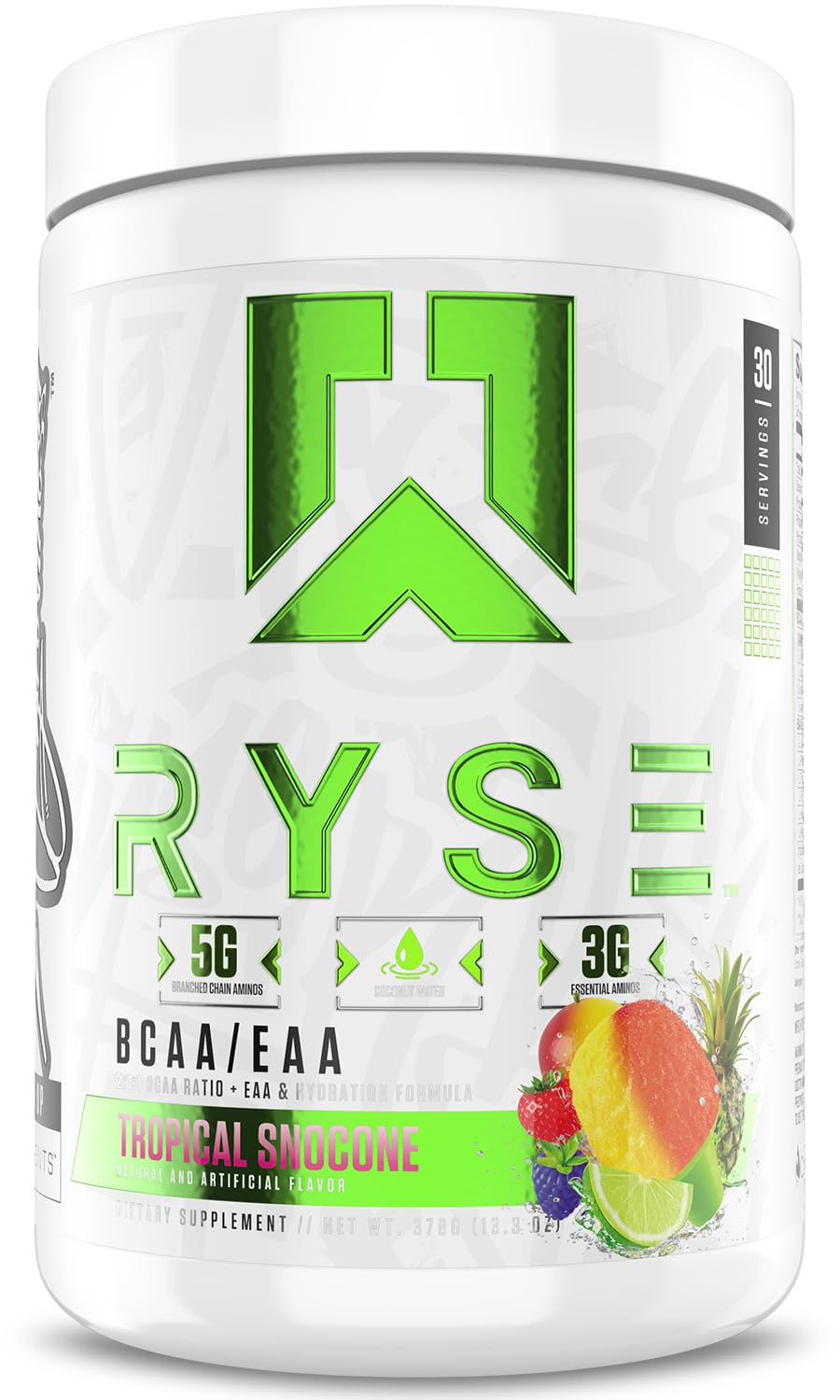 RYSE Up Supplements envase frontal Tropical Snocone mostrando sabor y beneficios
