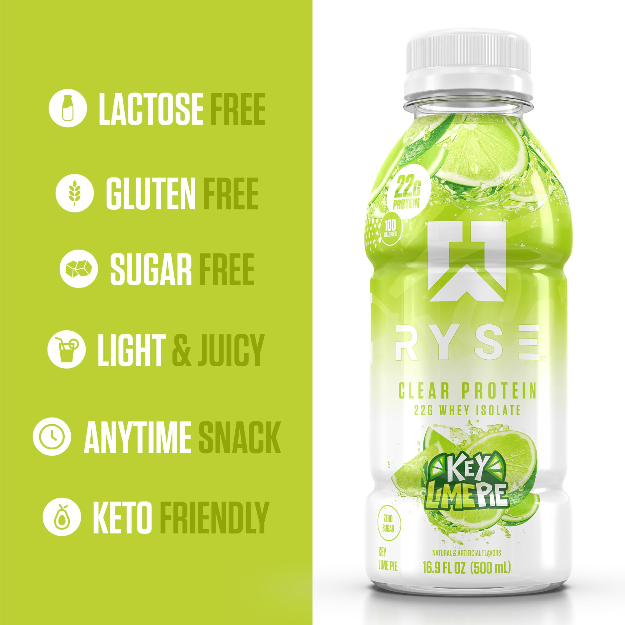 RYSE Up etiqueta nutricional en closeup mostrando 22g proteína y 100 calorías