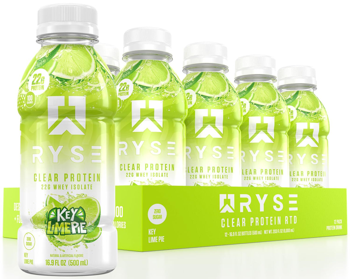 RYSE Up botella frontal Key Lime Pie muestra etiqueta clara y beneficio práctico