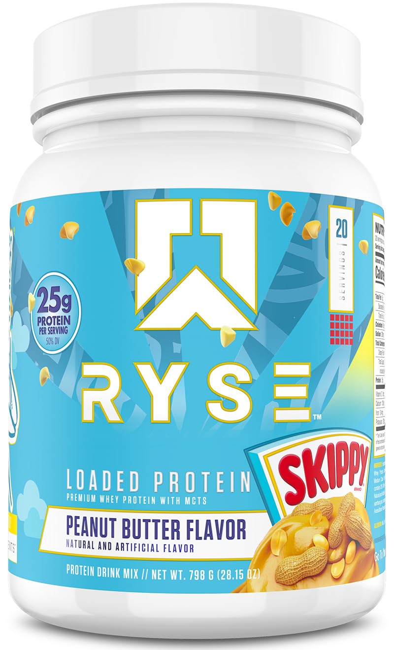 RYSE Up Supplements envase frontal mostrando sabor Skippy Peanut Butter y beneficios