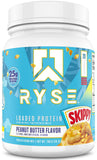 RYSE Up Supplements envase frontal mostrando sabor Skippy Peanut Butter y beneficios